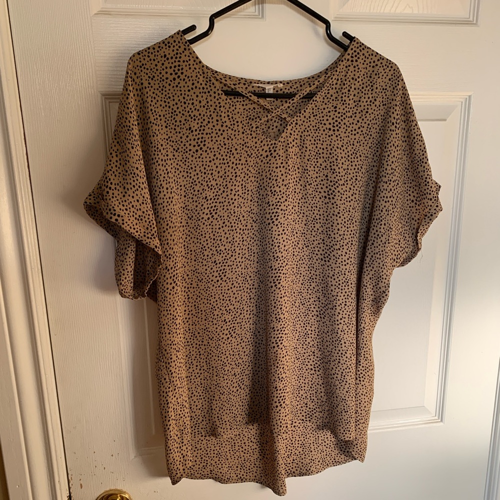 Maurices XL Animal Print Blouse Brown Black Relaxed Fit Top Crisscross Neck
